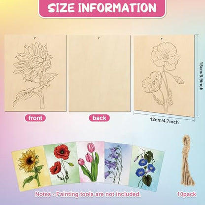 COCHIE 10 Pieces Large Flowers Unfinished Wood Crafts to Paint for Adults, Bulk Predrilled Wooden Ornaments for Painting, Tulips Flower Paintable Wood Slices Craft Supplies with Ropes - color: Flowers