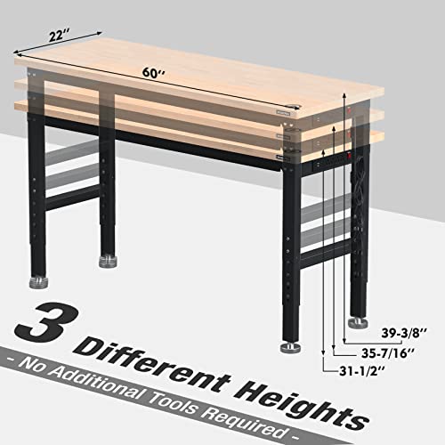 WORKPRO 60" Adjustable Workbench, Rubber Wood Top, 2000 LBS Capacity - size: 5FT workbench