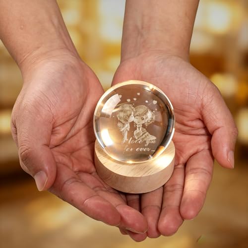 3D Engraved Couple Lover Crystal Ball, 2.4in 60mm Color‑Changing LED Night Light with Wooden Base, K9 Crystal Sphere, Romantic Gift for Her Him Anniversary Valentine’s Day - color: Clear-loving Couple