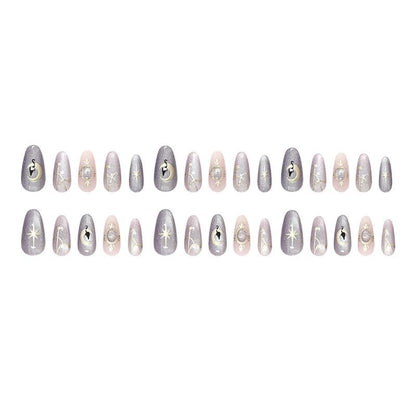 Almond Press on Nails Medium Purple Fake Nail Magic Style Lunna and Black Cat Acrylic Nail Press ons Cat Eye Stick on Nail for Women 24pcs - color: Color41