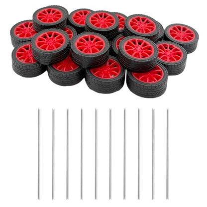 20PCS Toy Car Wheel Model Car Rubber Tire Wheel with 10PCS Round Shaft Axles for for RC Car Truck Robot Boat Helicopter DIY Model Toy Part (Red) - color: Red