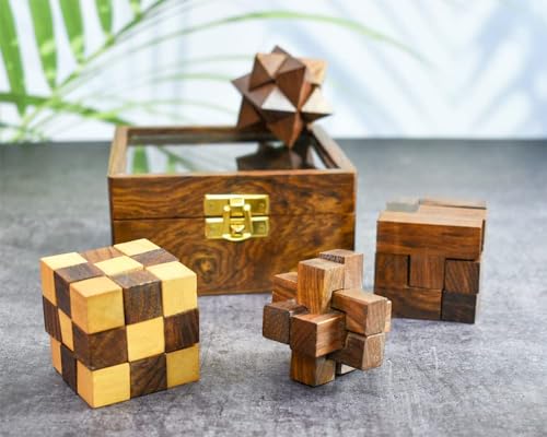 Ajuny Wooden Puzzles Box Set (4 Games) Brain Teaser for Teens & Adults, IQ Test Interlocking 3D Puzzles, Handcrafted Rustic Patio Decor, Unique Gift for Christmas and Birthdays - style: 4 in 1