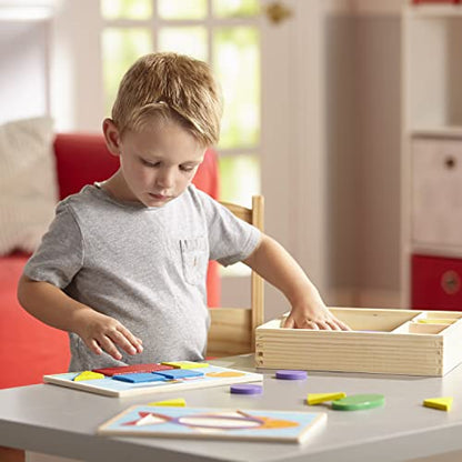 Melissa & Doug Beginner Wooden Pattern Blocks Educational Toy with 5 Double-Sided Scenes and 30 Shapes Puzzles for Kids 3+