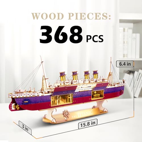 Vziimo Titanic 3D Puzzles for Adults, LED Titanic Metal Ship Model Building Kits for Home Desk Decor, 368 Pcs Wooden DIY Arts and Crafts Collection Gifts for Couples Women Teens 14 +