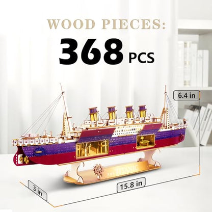 Vziimo Titanic 3D Puzzles for Adults, LED Titanic Metal Ship Model Building Kits for Home Desk Decor, 368 Pcs Wooden DIY Arts and Crafts Collection Gifts for Couples Women Teens 14 +