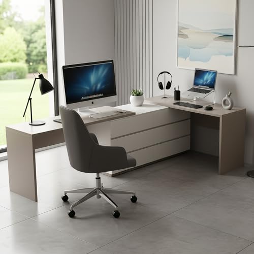 144" Extra Long L-Shaped Double Desk with 6 Dust Proof Drawers for 2 People Study Workstation, Dual Computer Desk Corner Desk for Home Office Bedroom, White Khaki, 102.36-144.26"