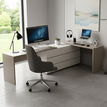 144" Extra Long L-Shaped Double Desk with 6 Dust Proof Drawers for 2 People Study Workstation, Dual Computer Desk Corner Desk for Home Office Bedroom, White Khaki, 102.36-144.26"