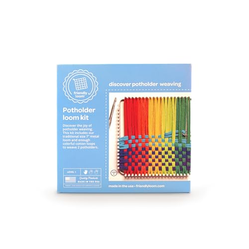 Friendly Loom 7” Traditional Potholder Weaving Kit | Sturdy Metal Loom and Quality Cotton Weaving Loops in Rainbow Colors | Complete Kit to Weave 2 Functional Potholders | Made in the USA