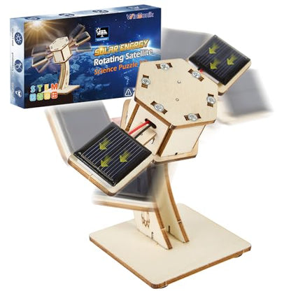 STEM Toys for Kids Ages 8-14 | 3D Wooden Solar Satellite Model Building Kit, DIY Rotating Space Craft Science Project, Creative Educational Gift for Boys Girls - Build & Learn Engineering Skills