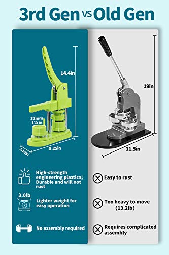 Happizza Button Maker Machine, (3rd Gen) Installation-Free 32mm(1.25 in) DIY Pin Button Maker Press Machine Kit, Badge Punch Press Machine with Free 500pcs Button Parts&Pictures&Circle Cutter - size: Round - 32 mm