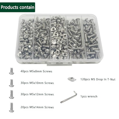 240 pcs M5 T Nut Screws Kit for 2020 2040 2080 Aluminum Extrusion, 120 pcs Silver M5x8/10/12/14mm Hexagon Socket Screws and 120 pcs M5 Drop in T-Nuts with 1 pcs Hex Wrench - style: 240pcs 20 Series Screws Kit Silver B