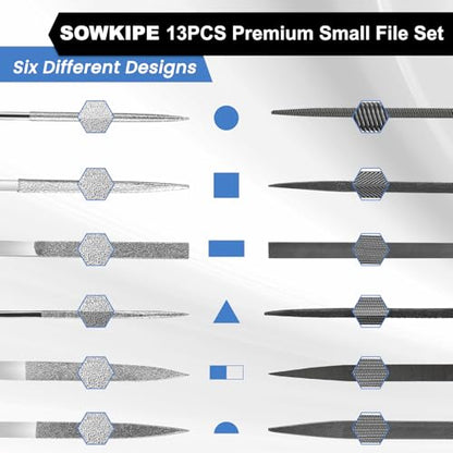 SOWKIPE 13-Piece Needle File Set, 6 Diamond and 6 Steel Files with Case