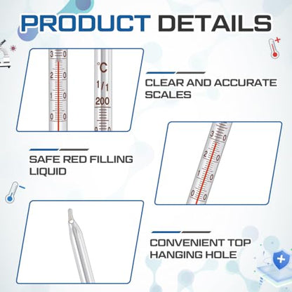 4 Pcs Lab Thermometer 12” Celsius Laboratory, Red Liquid in Glass