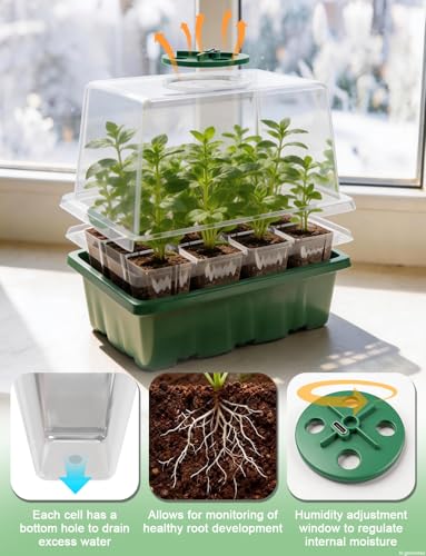Seed Starter Tray with Grow Light, 5 Pack 60 Cells Seedling Starter Kit with Humidity Dome, Full Spectrum Plant Grow Lights for Seed Germination, IndoorGreenhouse Trays for Seedlings Starting