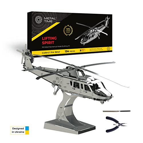 METAL-TIME Lifting Spirit Mechanical Helicopter Model Building Kit | Unique Wind-Up Moving Mechanism | Stainless Steel DIY Construction with Toolbox Collectible Model - 134 Pieces