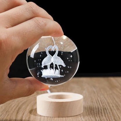 3D Engraved Heart Flamingo Crystal Ball, 2.4in 60mm Color‑Changing LED Night Light with Wooden Base, K9 Crystal Sphere, Romantic Love Gift for Her Him - color: Clear-flamingo