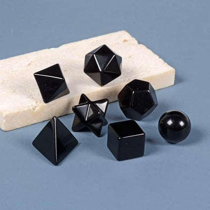 Justinstones 7-Piece Black Obsidian Natural Crystal Geometry Collection Healing Crystals Kit Sacred Geometry Platonic Solids Geometric Set Tumbled Stones Specimen Collection - style: Black Obsidian