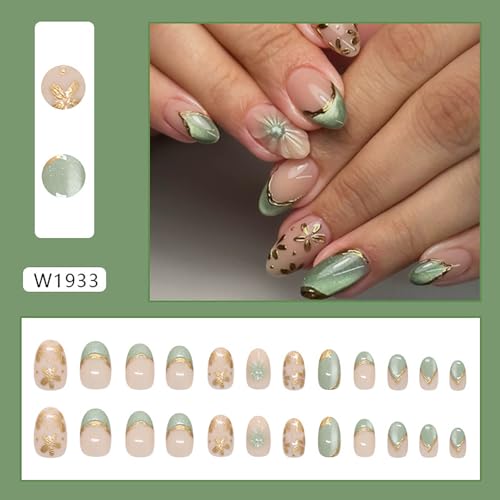 3D French Tip Press on Nails Medium Almond Green Glitter Fake Nails Flowers False Nails with Designs Full Cover Almond Shaped Acrylic Nails Press ons Summer Stick on Nail for Women 24Pcs - color: Style14