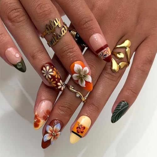 Almond Press on Nails Long Orange Fake Nailwith 3D Flowers Designs Acrylic Nail Press ons Classic Daisy Stick on Nails for Women 24pcs - color: Color01