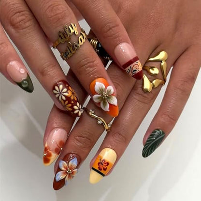 Almond Press on Nails Long Orange Fake Nailwith 3D Flowers Designs Acrylic Nail Press ons Classic Daisy Stick on Nails for Women 24pcs - color: Color01