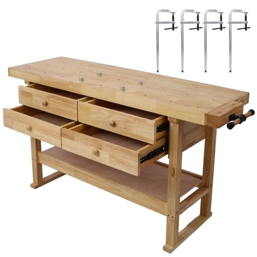 60 in Wood Workbench with 4 Drawers and 4 Bar Clamps