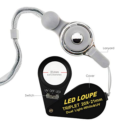 Jewelry Loupe 20X 21mm Triplet Lens Foldable Pocket Magnifying Glass with LED UV Light, Jewelers Loupe with Case Cloth Lanyard for Diamonds Gemstones Coins Stamps - color: 20x Magnification