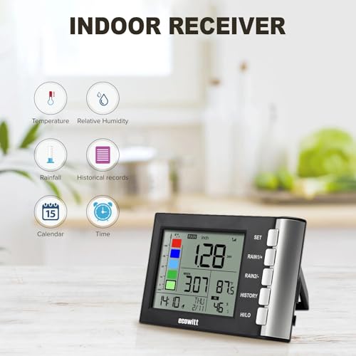 ECOWITT WH5370 Wireless Rain Gauge, Includes WN20 Tipping-Bucket Collector Sensor and WH5370_C Display Console, for Rainfall History, Alerts, Indoor Temperature & Humidity, and Date&Time, 915 MHz - style: WH5370BU