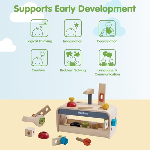 PlanToys® Wooden Little Tool Bench Montessori Construction Kids STEM Toy - color: Little Tool Bench