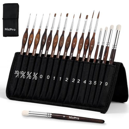 Nicpro 16 PCS Kolinsky Sable Miniature Paint Brushes Dry Brush - size: 16 PCS (brown)