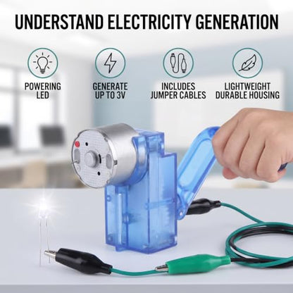Hand Crank Generator 6V Dynamo, Emergency Power Supply with LED Light, Educational Science Kit for Kids Electricity Experiments, Blue Plastic Housing with Alligator Clips, 2.36x1.81x0.98in