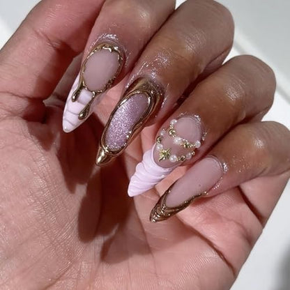Almond Press on Nails Long Pink Fake Nailwith 3D Charms Acrylic Nail Press ons Golden Embossed Stick on Nails for Women 24pcs - color: Color01