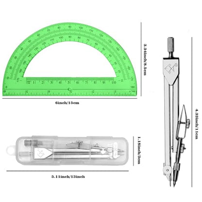 Students Geometry Math Set, Drawing Compass and 6 Inch Protractor - color: Green