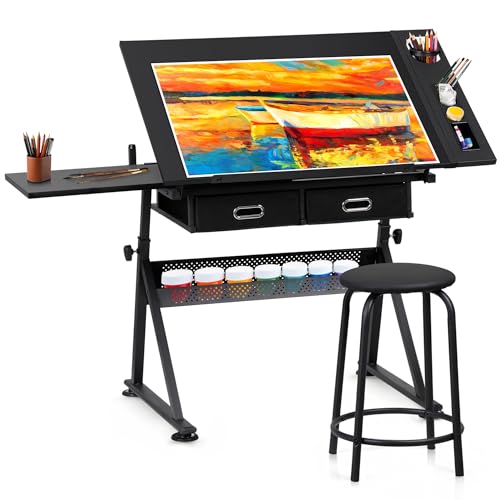 ZENY Adjustable Drafting Table with Stool Tilting Drawing Desk Artist Table - color: Black
