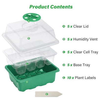 Bonviee 15-Pack Seed Starter Trays, Humidity Dome, Base, 12-Cell Tray, Green - color: Green, size: 15 Packs