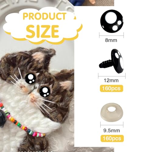 TOAOB 320pcs Plastic Safety Eyes with Washers Black Craft Eyes 8mm Stuffed Animals Eyes Oval Craft Doll Eyes for DIY Amigurumis Crochet Animals Bears Making - size: 8mm
