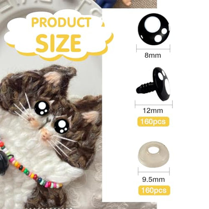 TOAOB 320pcs Plastic Safety Eyes with Washers Black Craft Eyes 8mm Stuffed Animals Eyes Oval Craft Doll Eyes for DIY Amigurumis Crochet Animals Bears Making - size: 8mm