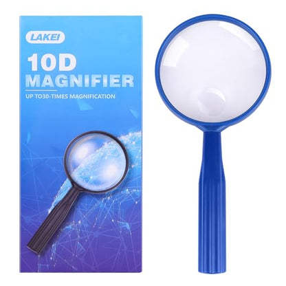 Lakei 10X Handheld Reading Magnifier Glass, Non-Slip Handle,75mm(Blue) - color: Blue, size: 75mm