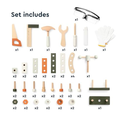 Kids Wooden Workbench, 61-Piece Tool Bench Set with Saw, Hammer, Spanner, Screwdriver, Nuts and Bolts, Chalkboard, Safety Goggles and Gloves, Construction Toy, Pretend Play, Boys, Girls Age 3+