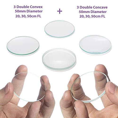 Amlong Crystal Premium Optical Glass Double Convex and Double Concave Lens Set, 50mm Diameter with 3 Convex (20, 30, 50cm FL) and 3 Concave (20, 30, 50cm FL) - size: 50mm (2-Inch) 6-pack