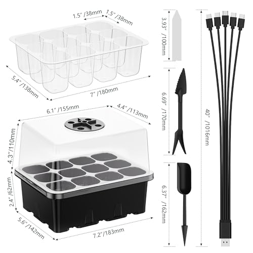 Seed Starter Tray with Grow Light, 5 Pack 60 Cells Seed Starter kit with Humidity Dome and Base, Plant Seedling Trays Indoor Greenhouse Gardening (Black 5 Pack) - color: Black 5 Pack