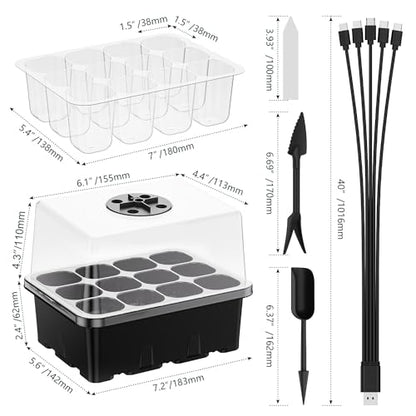 Seed Starter Tray with Grow Light, 5 Pack 60 Cells Seed Starter kit with Humidity Dome and Base, Plant Seedling Trays Indoor Greenhouse Gardening (Black 5 Pack) - color: Black 5 Pack