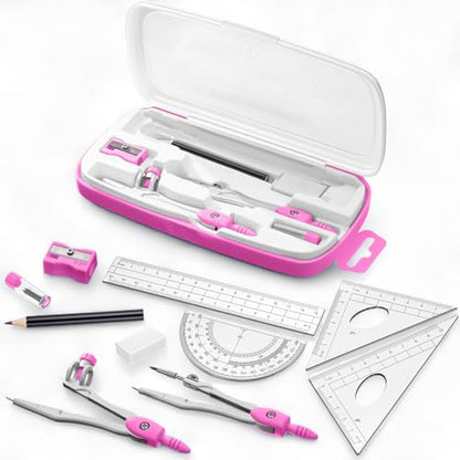 Zonon 10 Pcs Math Geometry Set for Student Compass Protractor, Pink - color: Pink