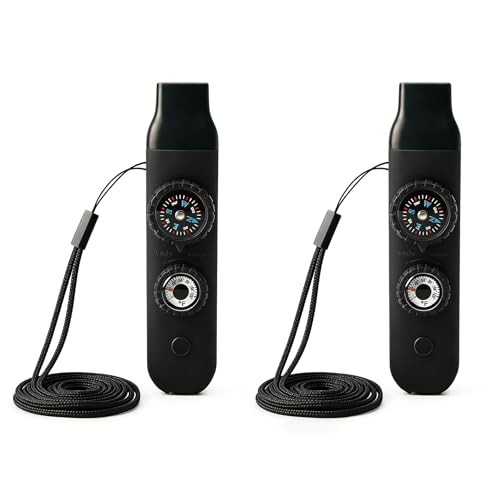 Multifunctional Survival Emergency Whistle for with Compass Hiking Survival, Thermometer & Neck Lanyard | Emergency Safety Gear for Hiking, Camping, Kayaking, Boating, Climbing - color: obsidian black2pcs