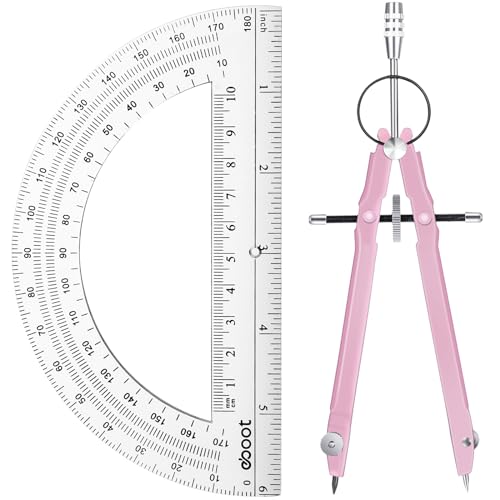 EBOOT Math Geometry Set Metal Compass 6" Clear Protractor, Pink - color: Pink