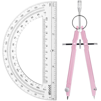 EBOOT Math Geometry Set Metal Compass 6" Clear Protractor, Pink - color: Pink