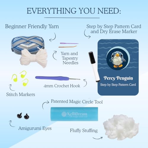 KelliDream Magic Circle Tool Inclusive Learn to Crochet Kit for Beginners; Step-by-Step Video Tutorials; All Supplies to Make Cute Amigurumi (Penguin) - color: Penguin