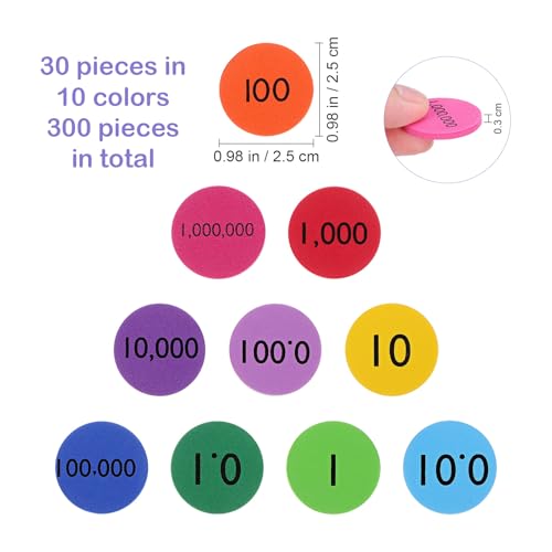 NUOBESTY 300pcs Place Value Disks 10 Values Decimals to Whole Numbers Counting Chips for Kids Base 10 Place Value Manipulatives Math Counters Discs Set for Elementary School Math Supplies