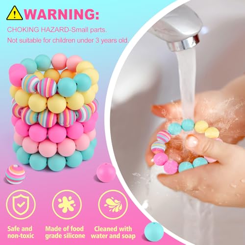 ASTARON 100Pcs 15mm Rainbow Colors Silicone Beads for Keychain Making Craft - color: pink,light pink,mint green,yellow,rainbow printed bead