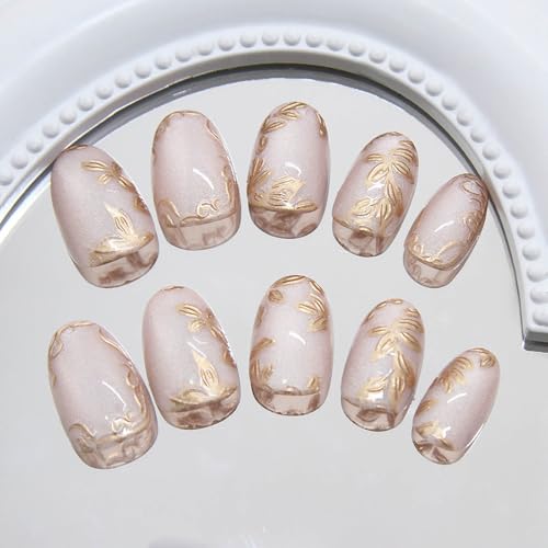 Short Press on Nails Almond Fake Nails Cat's Eye False Nails with Gold Flower Designs Artificial Nail Nude Glitter Glue on Nails Cute Summer Stick on Nail for Women 24Pcs - color: Style08