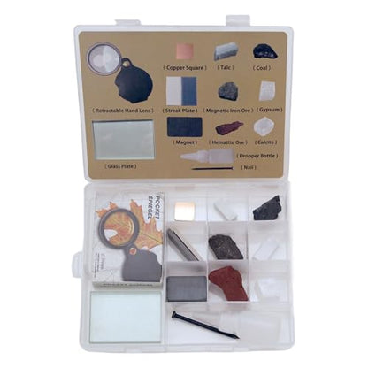 Mineral ID Kit Rock Mineral Identification Kit - Includes Streak Plates, Glass Plate, Magnet, Dropper Bottle, Nail, Hand Lens, Cooper Sheet, Rock & Mineral Geology Kit